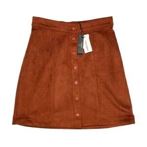 Tahari Mini Skirt Womens 6 Brown Faux Suede Leather Snap Button Front Pencil NEW